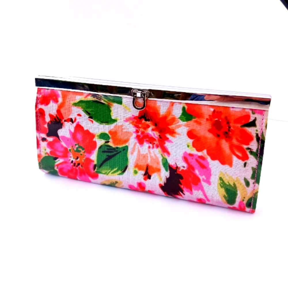 FLORAL WALLET spring chrome orange pink green full size cards cash chang…